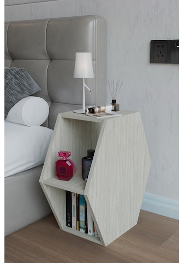 Alpa Ev Mobilya Altıgen Komodin, Modern Başucu Sehpası, Dekoratif Raflı Komodin Kitaplık Traverten