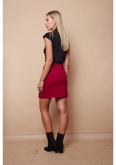 Kadın Hafif Likralı Kumaş Yüksek Bel Anvelop Kruvaze Hafif Mini Kalem Etek-bordo Bordo