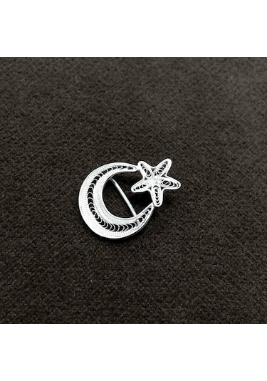 Ayyıldızlı 925 Ayar Gümüş El İşi Telkari Broş