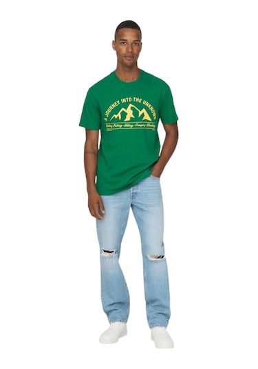 Only Bisiklet Yaka Baskılı Erkek T-shirt Yeşil
