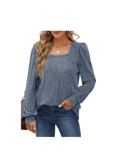 Novahub Gmxıa Kadın Modası Rahat Yaz Düz Renk Baskı Uzun Kollu U Yaka Bluzlar Ve Gömlekler Mavi - L Mavi