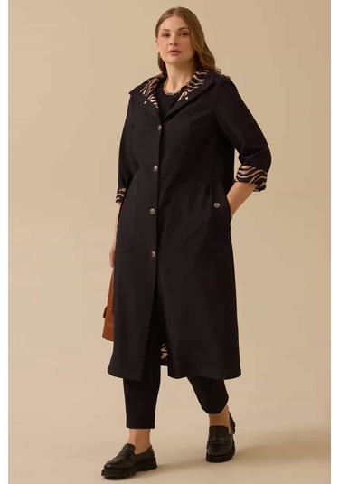 Kadın Büyük Beden Astarlı Cepli Pardesü - Siyah Siyah