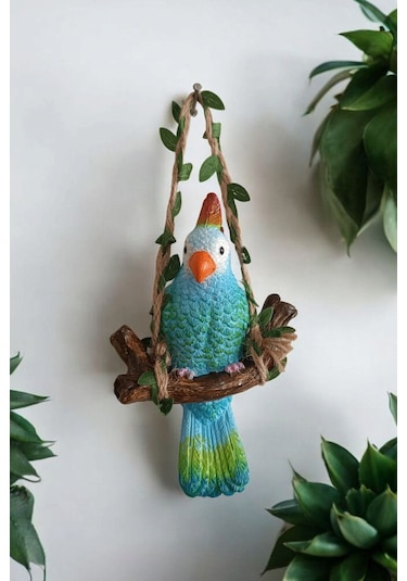 3 Adet Dekoratif Sallanan Duvar Ve Bahçe Süsü Papağan Mavi