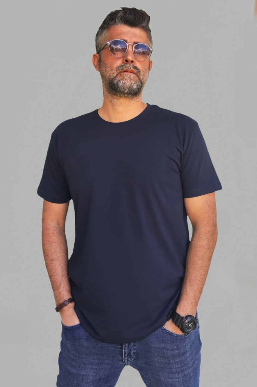 Erkek Lacivert Slim Fit Bisiklet Yaka Pamuk Elastan Basic Tişört Vk-erkektişört-tekli Lacivert