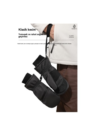 Kalınlaştırılmış Kışlık Su Geçirmez Snowboard Eldivenleri Siyah