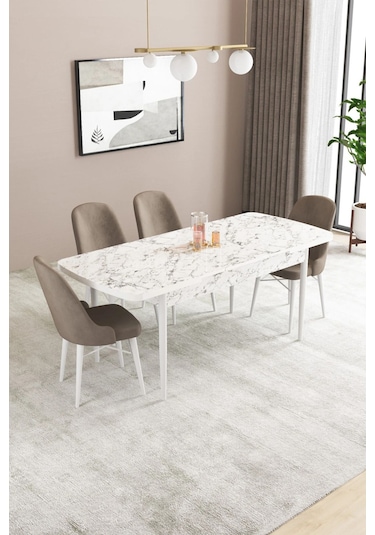 Sar Pakete Almira Serisi, Beyaz Mermer Desen 80x132 Açılabilir Mdf Mutfak Masası Takımı 4 Adet Sandalye Cappucino