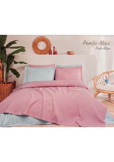 Özdilek Nakışlı Waffle Tek Kişilik Pike Takımı Pembe Mavi