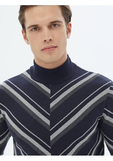 Kip Lacivert Yarım Balıkçı Yaka Desenli Pamuk Karışımlı Triko Çok Renkli