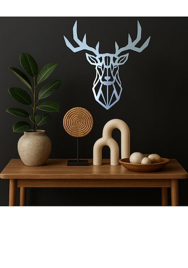 Geyik Kafası Figürü Ahşap Mdf Üzeri Aynalı Gümüş Pleksi 40x40 Cm