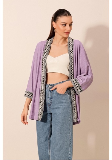Bigdart 5866 Nakışlı Örme Kimono - Lila 001