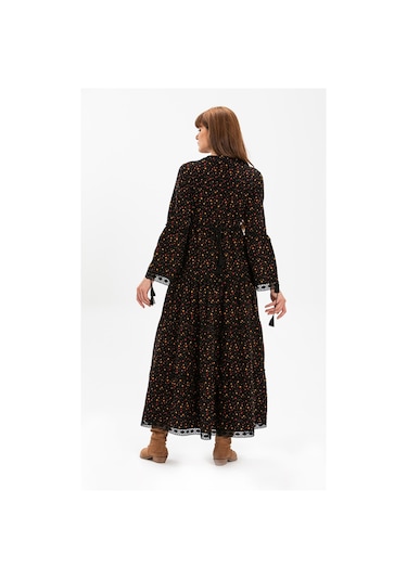 Uzun Kol Seçil Pazen Uzun Elbise Çıtır Desen Siyah Syh Siyah