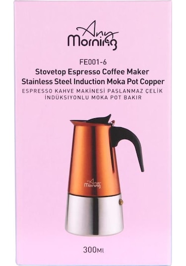 Any Morning Fe001-6 Espresso Kahve Makinesi Paslanmaz Çelik İndüksiyonlu Moka Pot 300 Ml Bakır