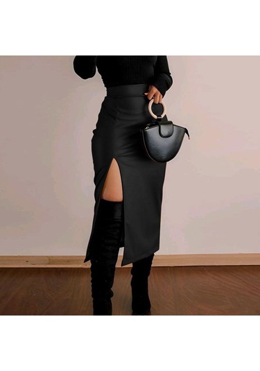 Vonda Kadın Modası Düz Renk Yırtmaçlı Düz Etekler Siyah