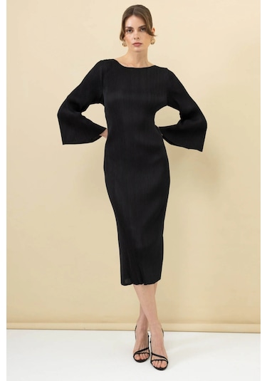 Ekol Kadın Akordiyon Kumaş Maxi Boy Elbise 5920 Siyah Siyah