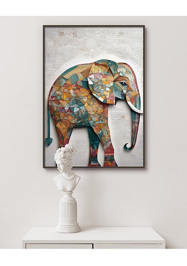 Tablo Ahşap Çerçeveli Tablo Çerçeveli Poster Mozaik Desenli Fil Tablosu