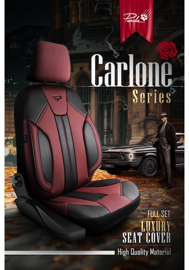 Bordo - Siyah Panda Carlone Serisi Ful Deri Oto Koltuk Kılıfı - Tam Set