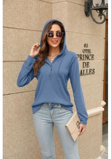 Novahub İlkbahar/sonbahar Kadın Kapşonlu Sweatshirt - Waffle Kravat - Uzun Kollu - Mavi Boy: S, M, L, Xl, Xxl Mavi