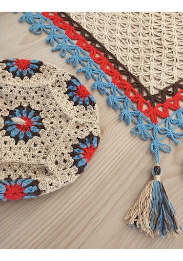 Ressam Bereli Fular Eldiven Takımı , El Yapımı Bere Şal Set Bej