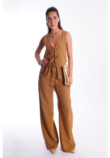 Madmext Camel Önü Bağlamalı Yelek Pantolon Kadın Takım Mg2403