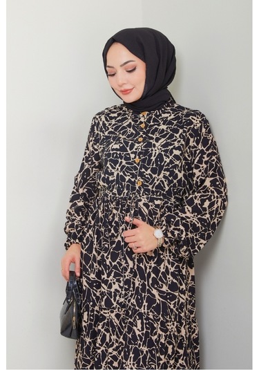 Sevil Yarım Düğmeli Dokuma Viskon Elbise 1504 - Siyah Siyah