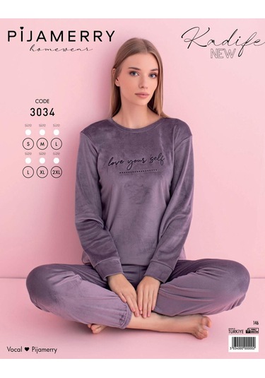 Pijamerry Kadın Kışlık Bisiklet Yaka Kadife Pijama Takımı 3034m - 1 Adet Açık Mor
