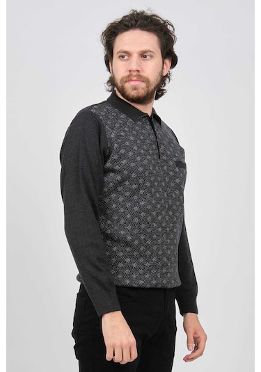 Çizgi Triko Erkek Cep Detaylı Polo Yaka Desenli Kazak 42544226 Melanj Lacivert Melanj Lacivert Lacivert Melanj