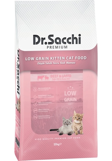 Dr.Sacchi Premium Düşük Tahıllı Sığır ve Kuzu Etli Yavru Kedi Maması 10 KG