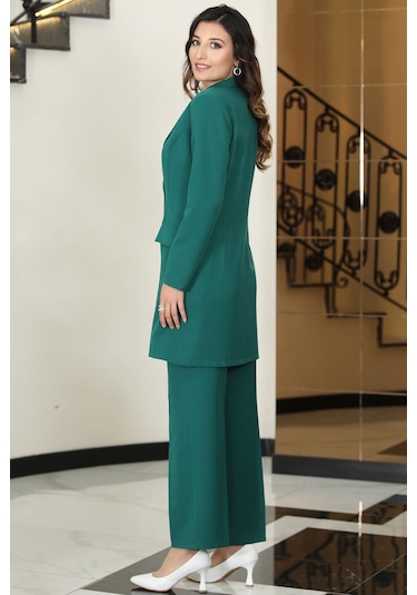 Parla Uzun Ceket Pantolon İkili Tesettür Takım Zümrüt Zümrüt