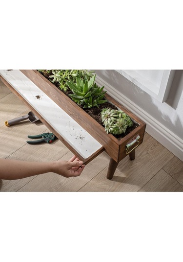 Halohope El Yapımı Ayaklı 10 Çinili Dekoratif Modern Ahşap Dikdörtgen Bahçe Balkon Saksı Saksılık Çiçeklik