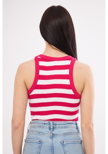 Mea Capio Kadın Çizgili Fitilli T-shirt Halter Yaka Örme Atlet Pembe - Pembe