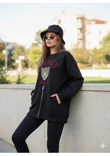 Fermuarlı Leopar Baskılı Oversize Siyah Sweat Siyah