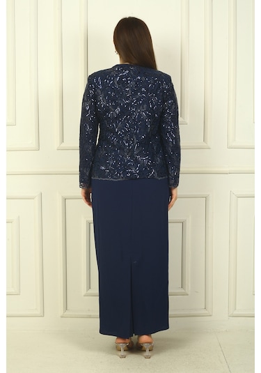 Kadın Pul İşlemeli Boncuk Detaylı Tül Ceket Yarım Ay Kollu Uzun Elbise Astarlı Krep Büyük Beden 2'li Takım Lacivert