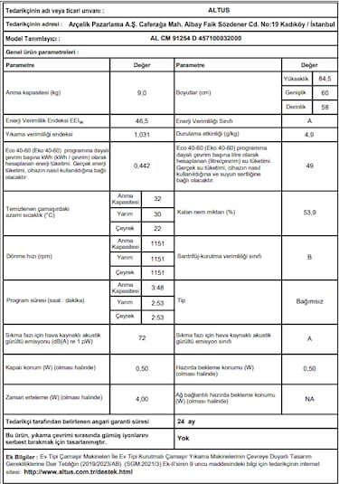 Altus AL CM 91254 D 1200 Devir 9 KG Çamaşır Makinesi Beyaz