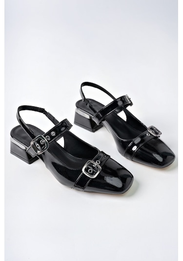 Muggo Yuqi Arkası Açık Küt Burun Çift Kemerli Kadın Günlük Klasik Kısa Topuklu Ayakkabı Sıyahrugan