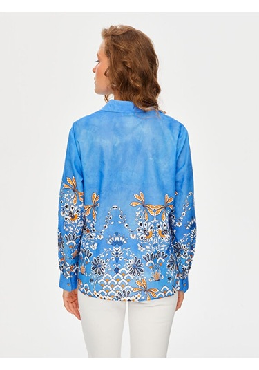 Eteği Etnik Desen Pamuk Vual Gömlek S25gml058 Us25gml05821 Mavi