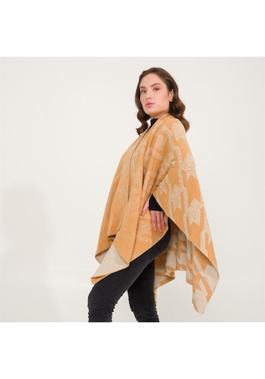 Kaz Ayağı Desen Çift Taraflı Triko Kadın Şal Panço-Safran-140X140 Safran