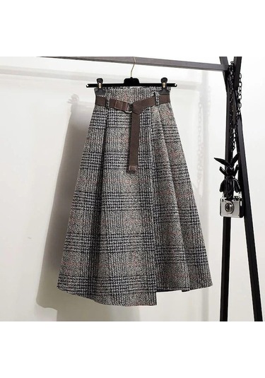 Fastbuy Sonbahar Kış Kadın Yüksek Bel A-line Vintage Ekose Elastik Bel Yün Ekose Gri Etek Gri