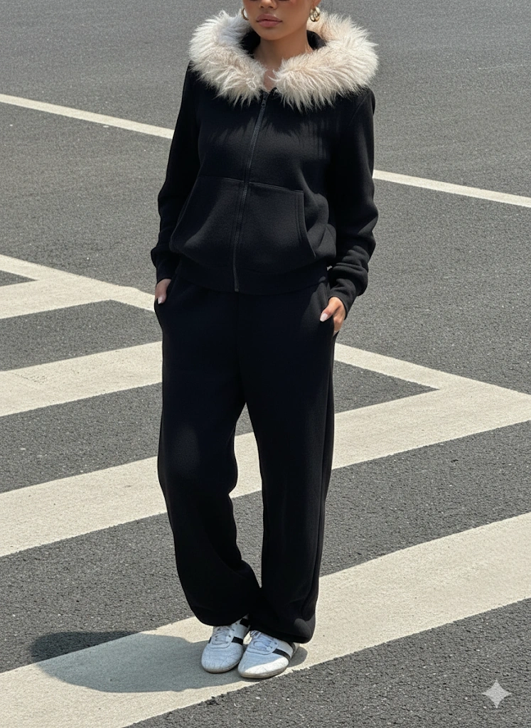 Kadın Siyah Fermuarlı Kapüşonlu Sweatshirt Eşfoman Takımı Kürklü Kapüşon, Cepli, Rahat Kalıp Siyah