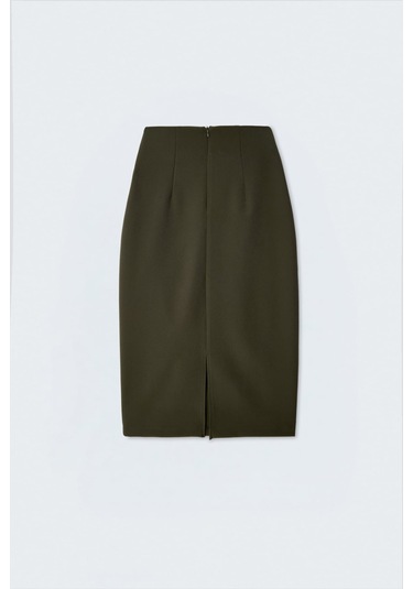 Sateen Düz Kalem Etek - Haki-137387