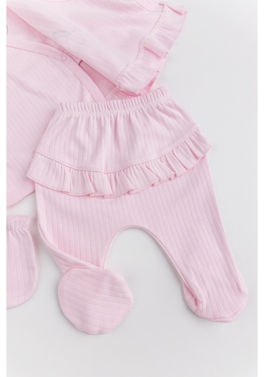 Tavşan Figürlü Pamuklu 5 Parça Kız Bebek Hastane Çıkışı Bebek Takımı Pembe