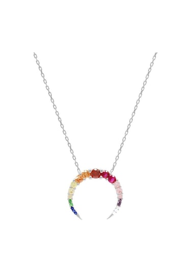 Multi Renk Zirkon Taşlı Hilal Tasarım 925 Ayar Gümüş Kadın Kolye (537181601)