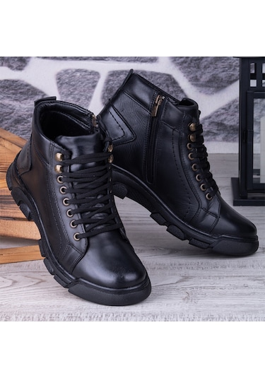 Ghattix Kotta Kışlık Hakiki Deri Erkek Bot Fermuarlı Siyah Siyah
