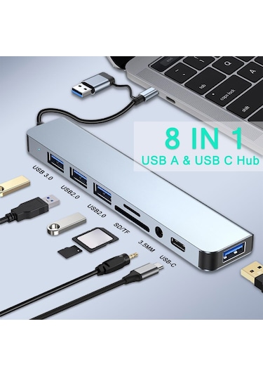 Youmex 8 Portlı Metal Usb A/usb-c Hub: Usb 3.0/2.0, 3.5mm Ses, Sd/tf Kart Okuyucu - Hızlı Veri Transferi Ve Çoklu Bağlantı