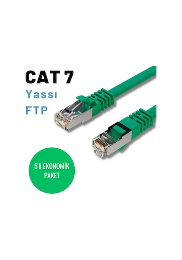 5 Adet 3 Metre, Yeşil Cat7 Yassı Ftp Ethernet Network İnternet Kablosu