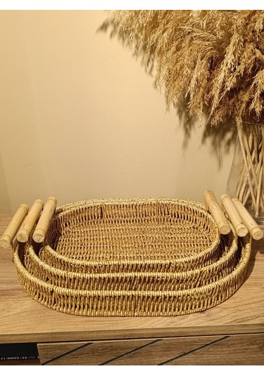 3lü Hasır Rattan Bambu Kulplu Örme Tepsi Organizer Diğer