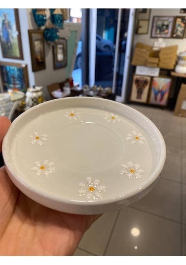 Seramik El Yapımı Fincan Takımı 2'li Set Papatya Desenli, Tabaklı Beyaz - Sarı