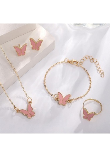 1set Moda Zarif Basit Çok Yönlü Kelebek Kolye Bilezik Küpe Yüzük Kadınlar Kızlar Düğün Partisi Takı Seti Hediye Pembe