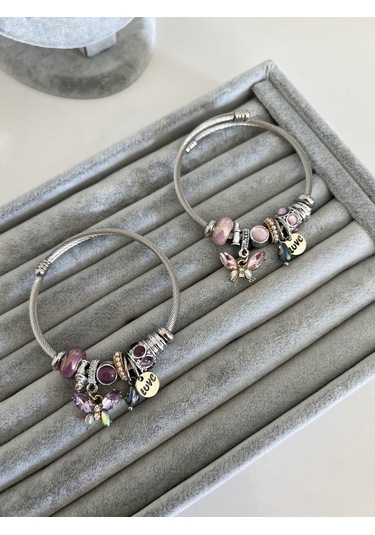 Su Perisi Takı Bijuteri Çelik Kelebek Detaylı Bileklik Pembe