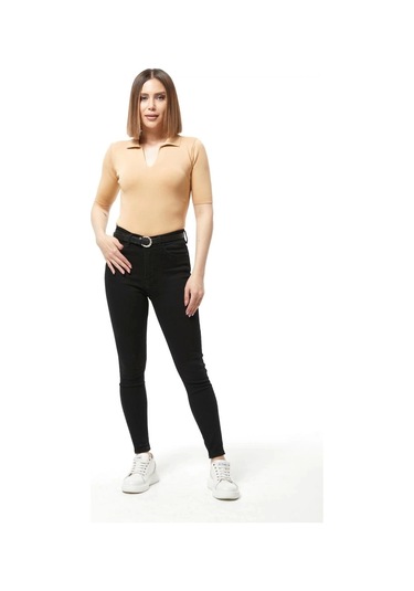 Defymoda Gömlek Yaka Yazlık Triko Bluz Bej