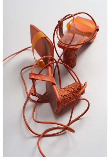 Tanya Turuncu Cilt Şeffaf Bantlı Bağcıklı Kadın Topuklu Sandalet Turuncu